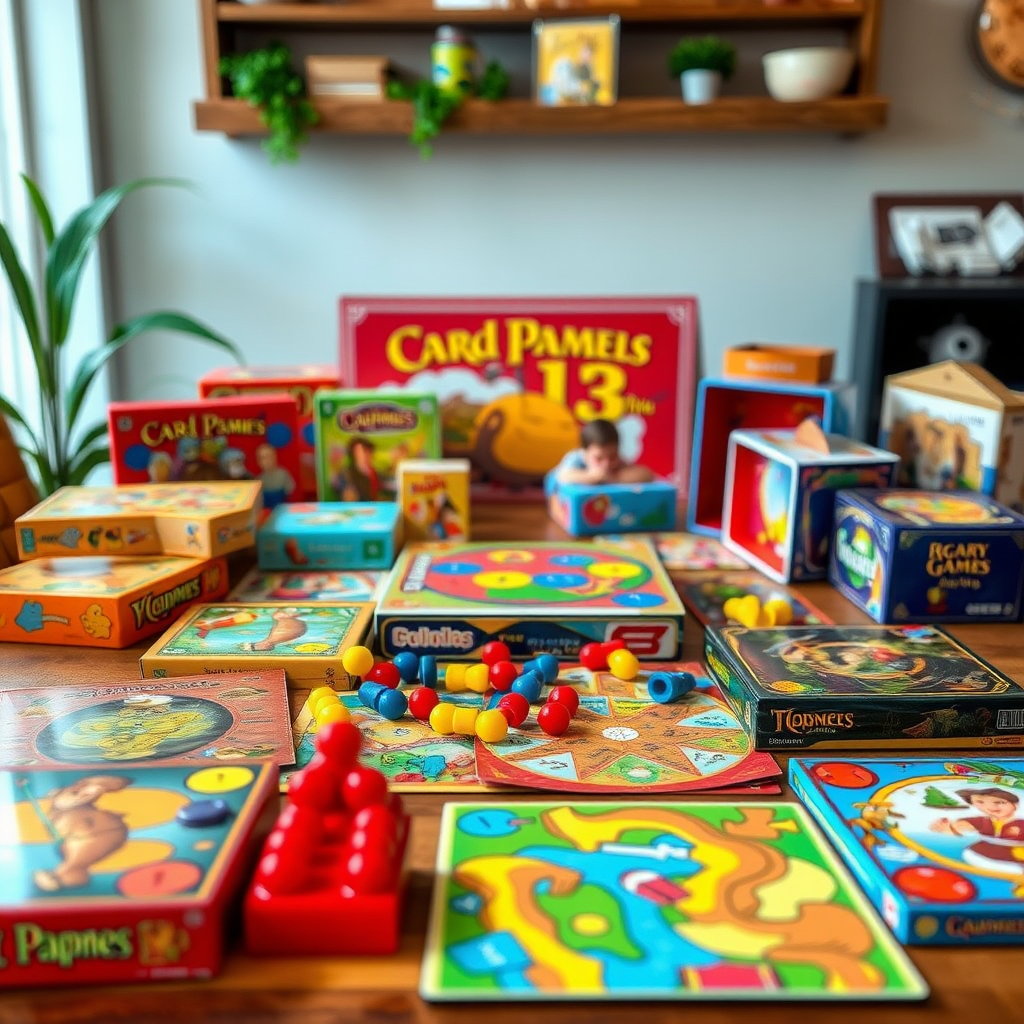 Színes társasjátékok gyűjteménye egy asztalon elrendezve, családi játékestét hangulatával