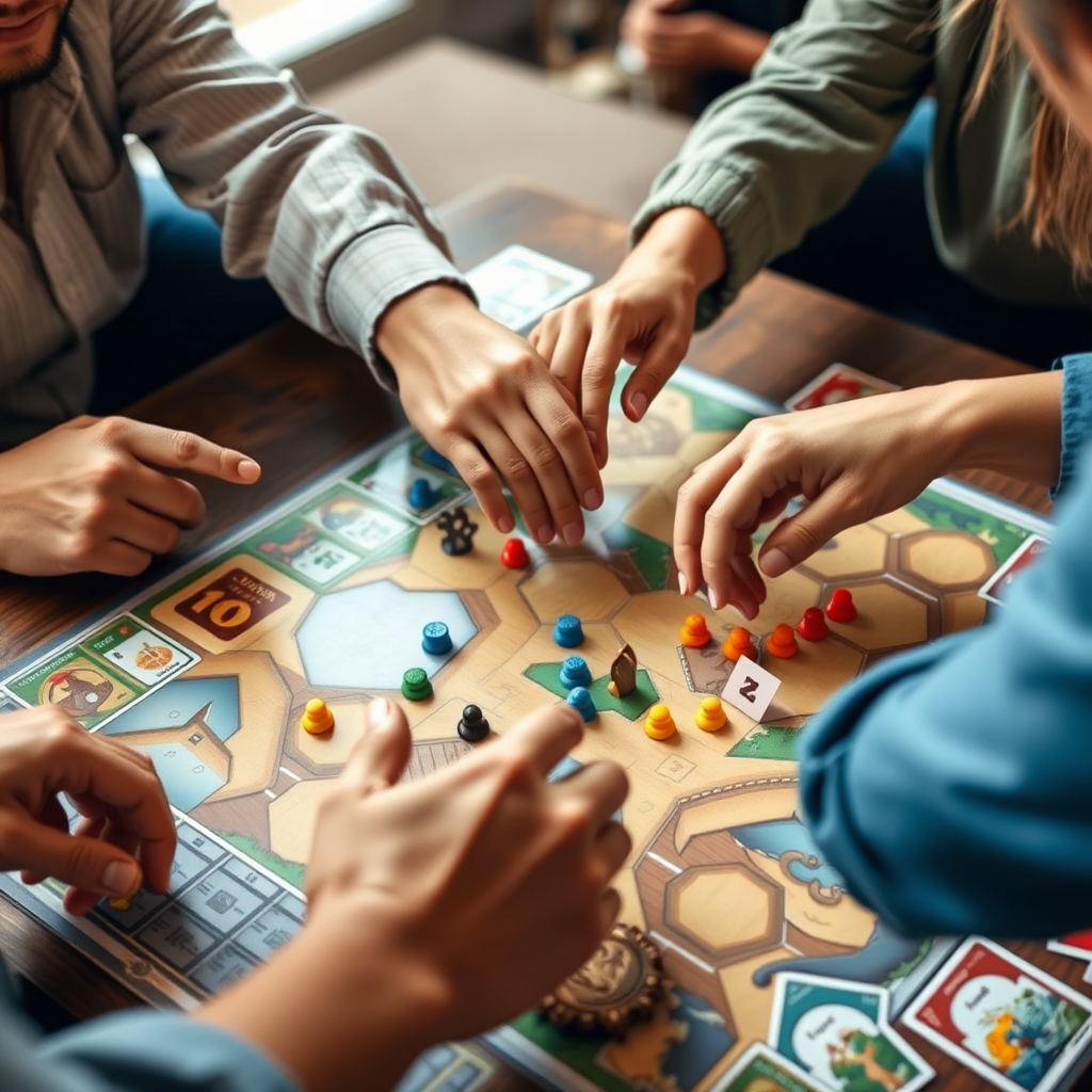 Kooperatív társasjátékosok együtt dolgoznak egy stratégiai játékban, kezek nyúlnak a játéktábla fölé, színes figurák és kártyák láthatók