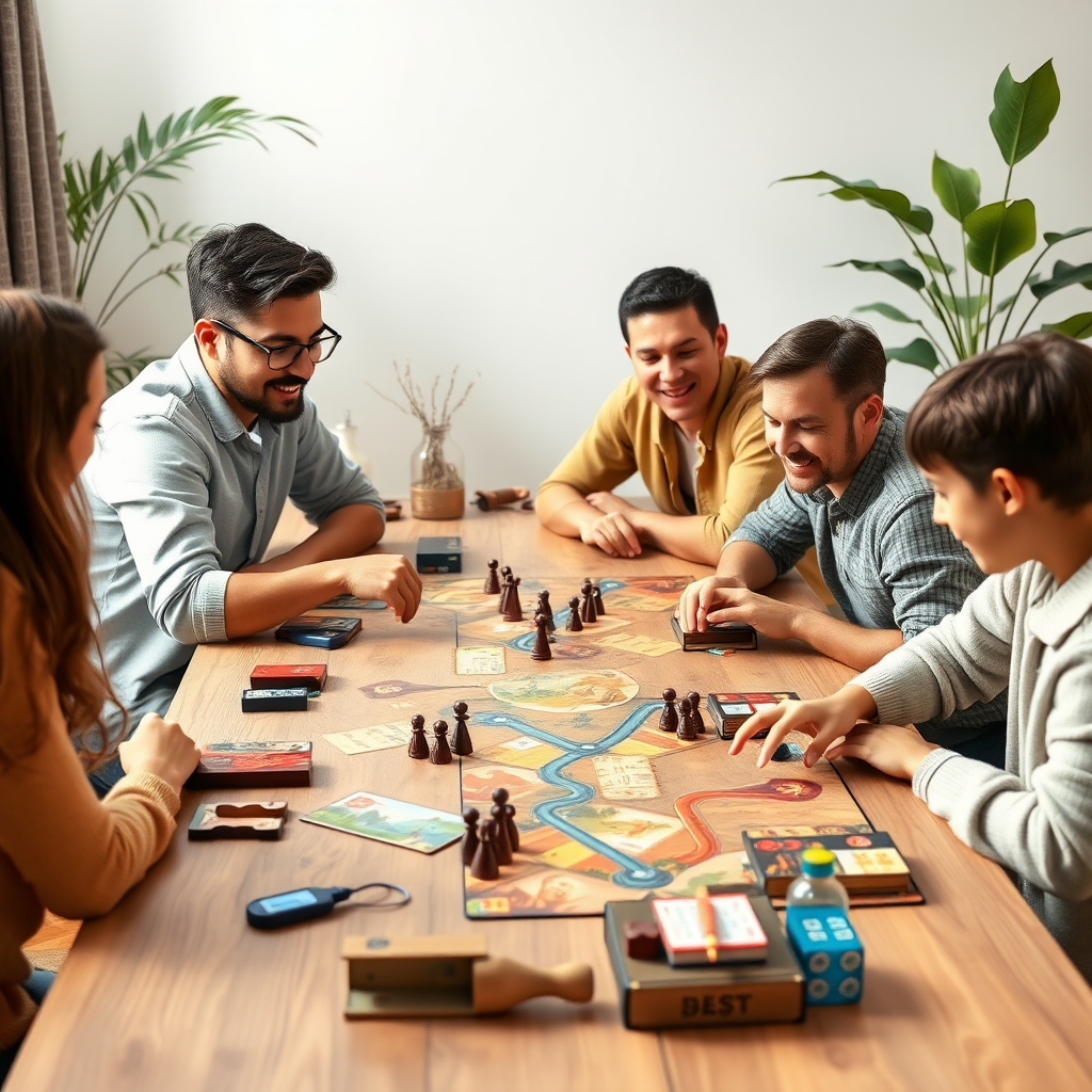 Modern kooperatív társasjátékok egy asztalon elrendezve, játékosok együttműködnek egy közös kihívás ellen, barátságos családi környezetben