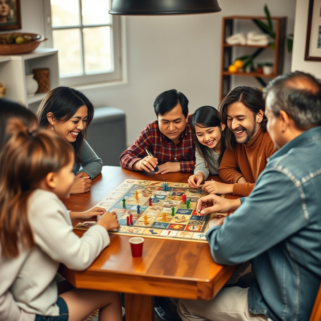 Családtagok együtt játszanak kooperatív társasjátékot az asztal körül, mindenki mosolyog és együttműködik a közös cél elérése érdekében