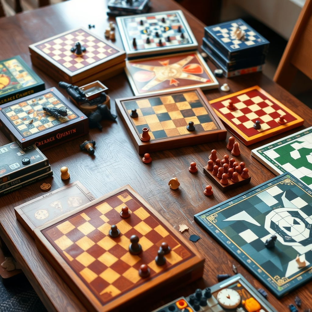 Különböző stratégiai társasjátékok gyűjteménye egy asztalon elrendezve, beleértve klasszikus euro-játékokat és modern innovációkat