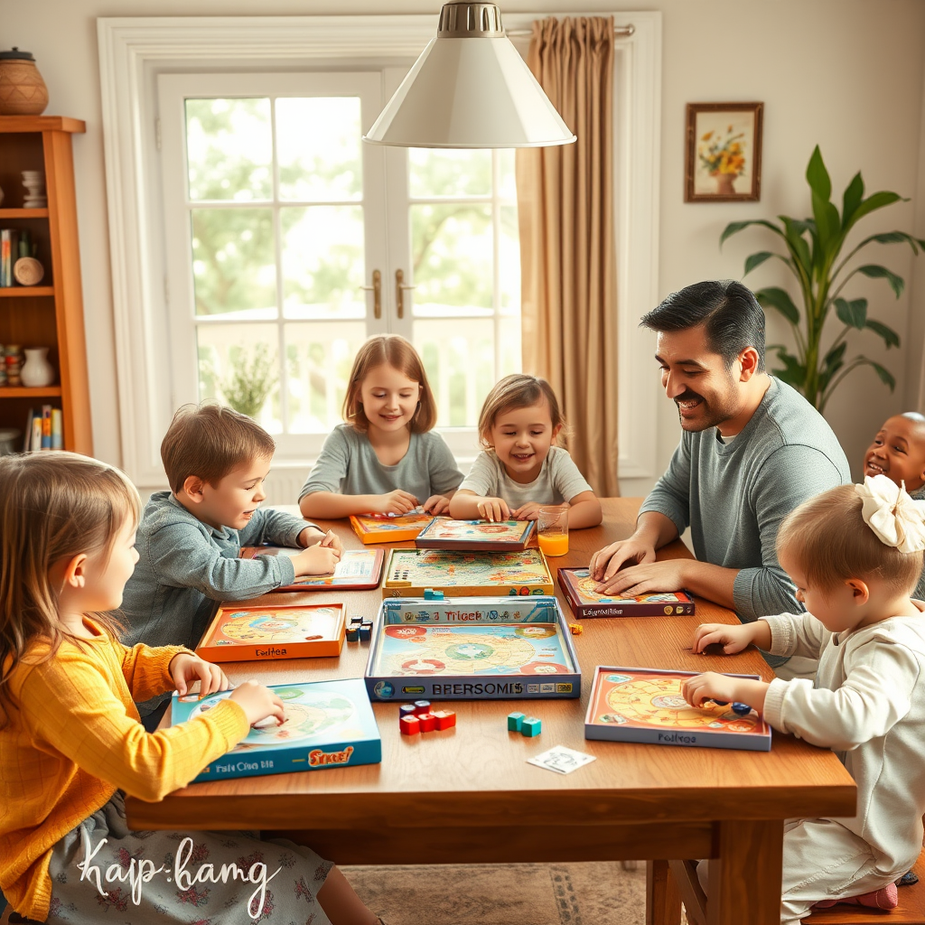 Boldog család ül az asztal körül különböző társasjátékokkal, gyerekek és szülők együtt játszanak, meleg otthoni környezetben