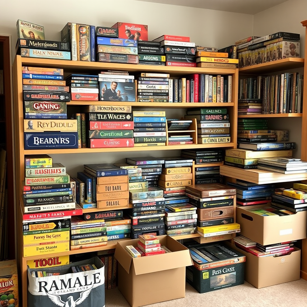 Rendezett társasjáték gyűjtemény polcokon és tárolódobozokban, különböző méretű játékokkal és szervezett komponensekkel