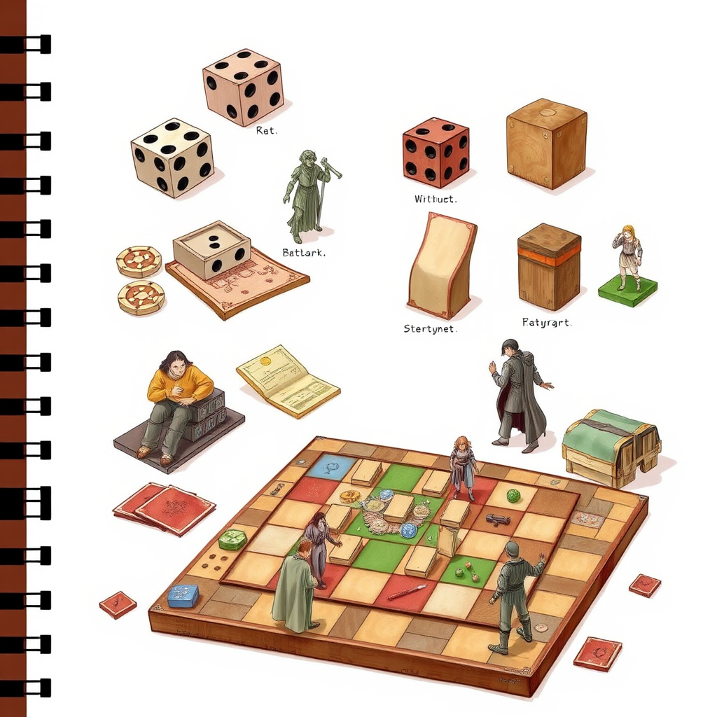 Különböző társasjáték komponensek és mechanikák illusztrációja, beleértve kockákat, kártyákat, figurákat és játéktáblát