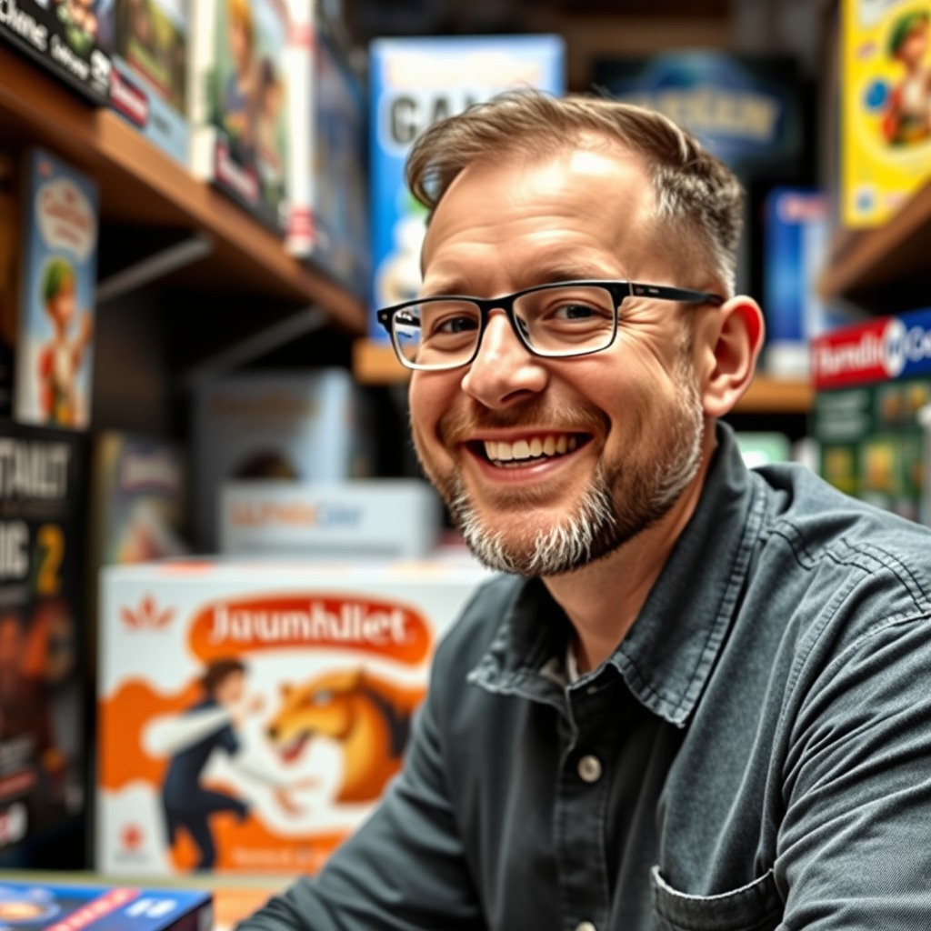 Kovács Péter, az Ultrachip.org alapítója és vezető szerkesztője, mosolyogva egy társasjáték-boltban