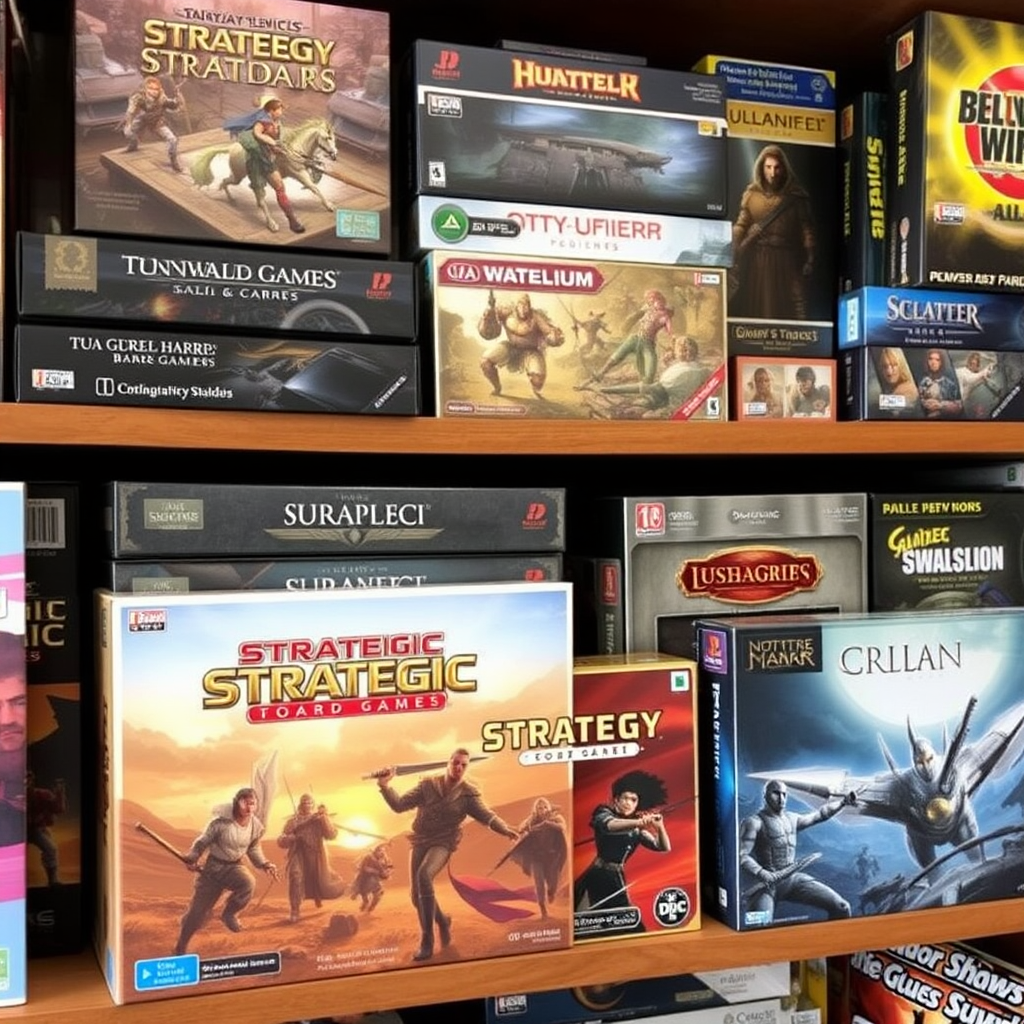 Stratégiai társasjátékok gyűjteménye egy polcon, különböző dobozok láthatók Euro-játékokkal és modern stratégiai címekkel