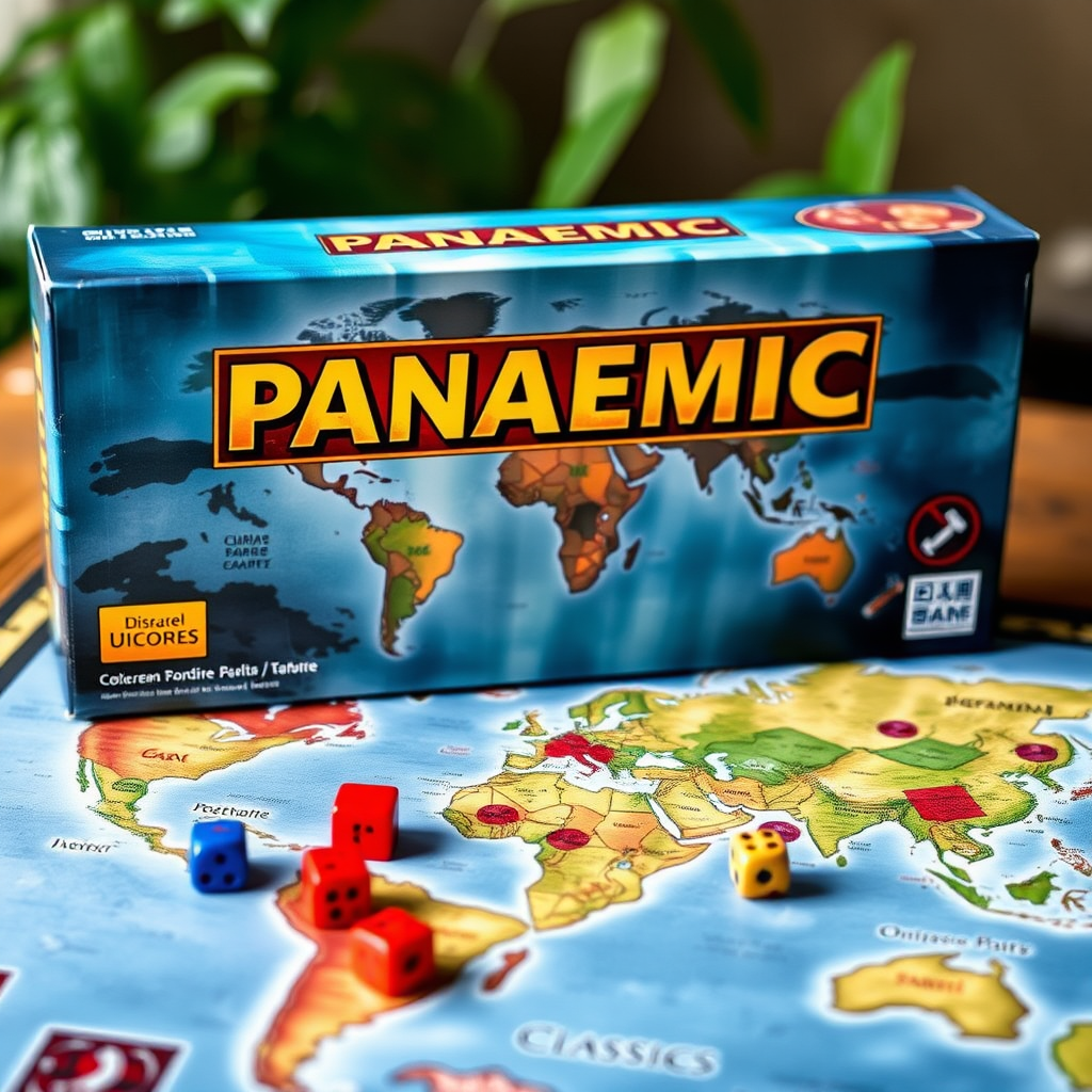 Pandemic társasjáték doboza és játéktáblája, világtérképpel és betegség-kockákkal