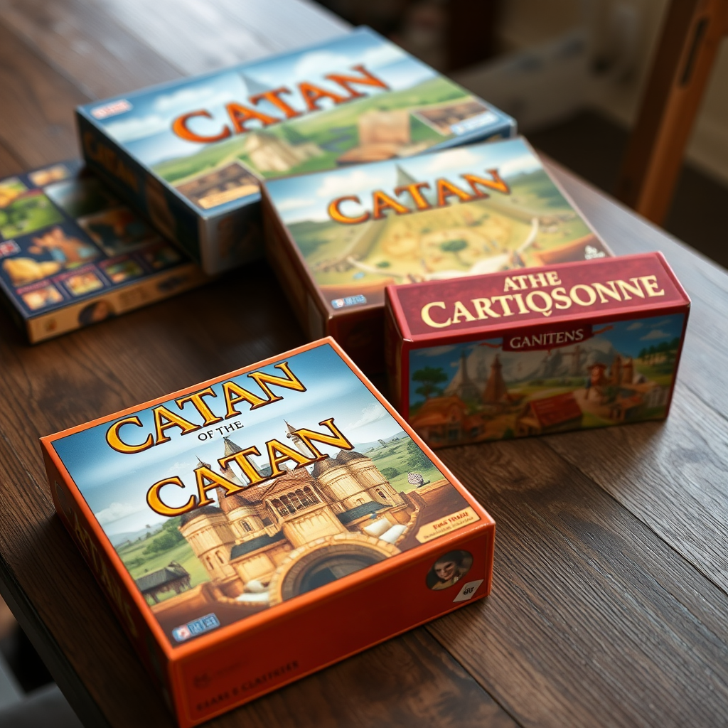 Klasszikus európai stratégiai játékok, mint a Catan és a Carcassonne dobozai egy fából készült asztalon