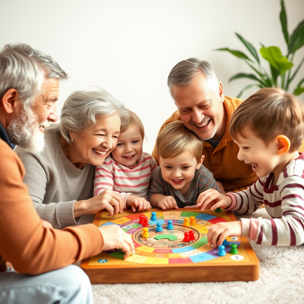 Nagyszülők, szülők és gyerekek együtt játszanak egy színes társasjátékkal, mindenki mosolyog és élvezi a közös időtöltést
