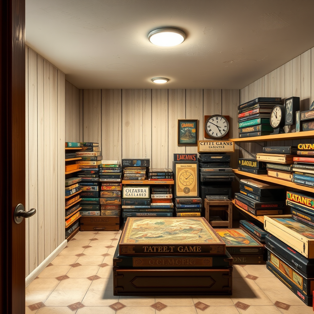 Klímakontrollált tárolószoba társasjátékokkal, megfelelő hőmérséklet és páratartalom mérőkkel