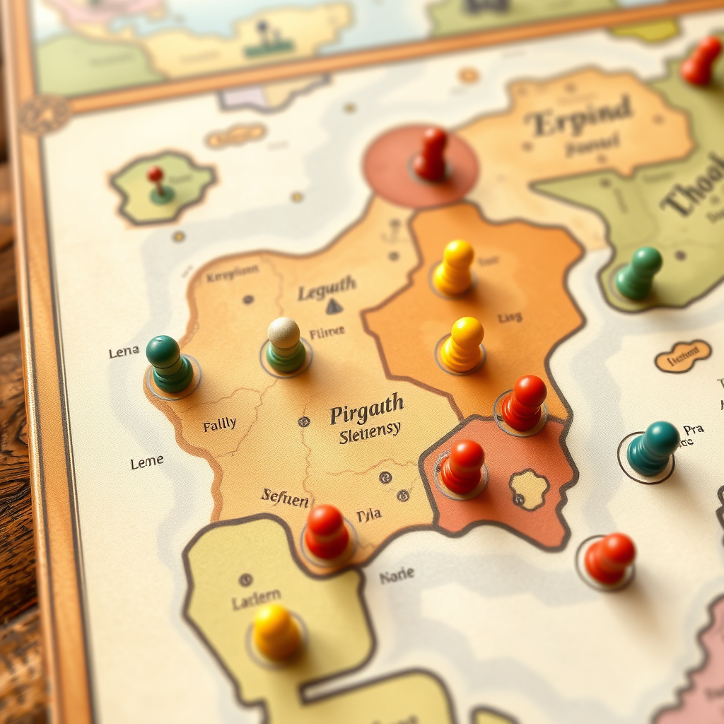 Társasjáték tábla területi kontroll mechanikával, különböző színű figurákkal és területekkel