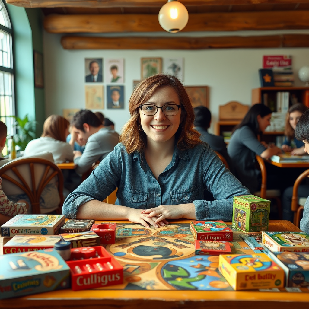 Nagy Anna, a family games szakértője, társasjátékokkal körülvéve egy barátságos környezetben