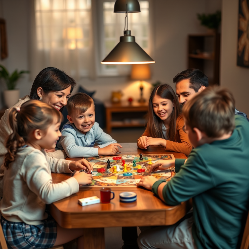Családi játékest jelenet, szülők és gyerekek együtt játszanak társasjátékot az asztalnál, mosolyogva és élvezve a közös időtöltést