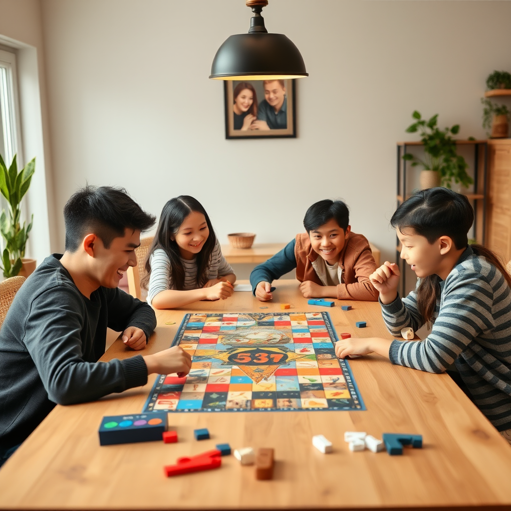 Boldog család játszik társasjátékokkal az asztalnál, különböző korosztályú résztvevők élvezik a közös játékot