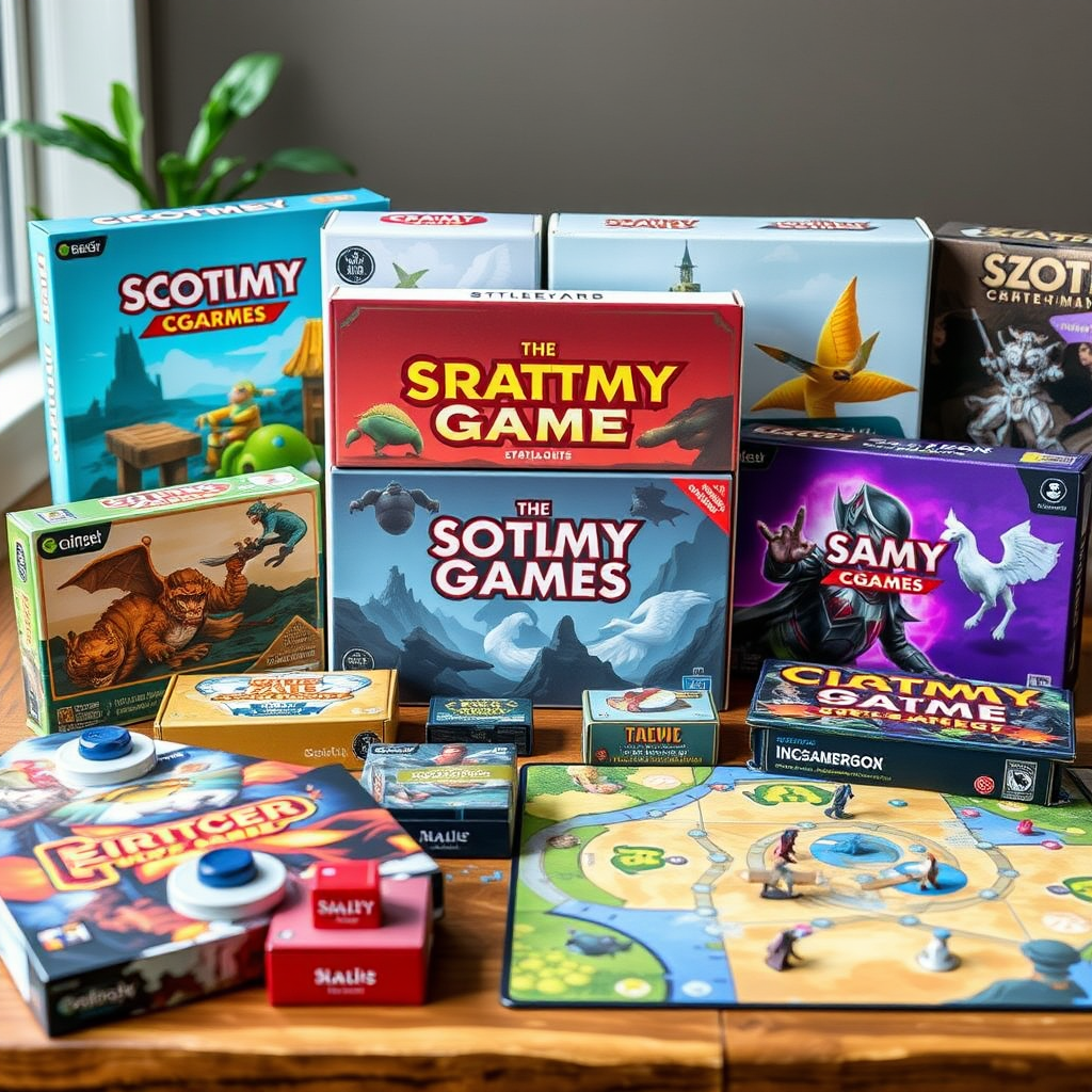 Modern stratégiai társasjátékok gyűjteménye színes dobozokkal és innovatív játékelemekkel