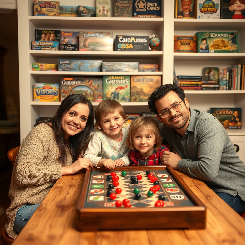 Családi fotó egy játékasztal mellett, háttérben polcokon társasjátékok, meleg világítás, otthonos hangulat