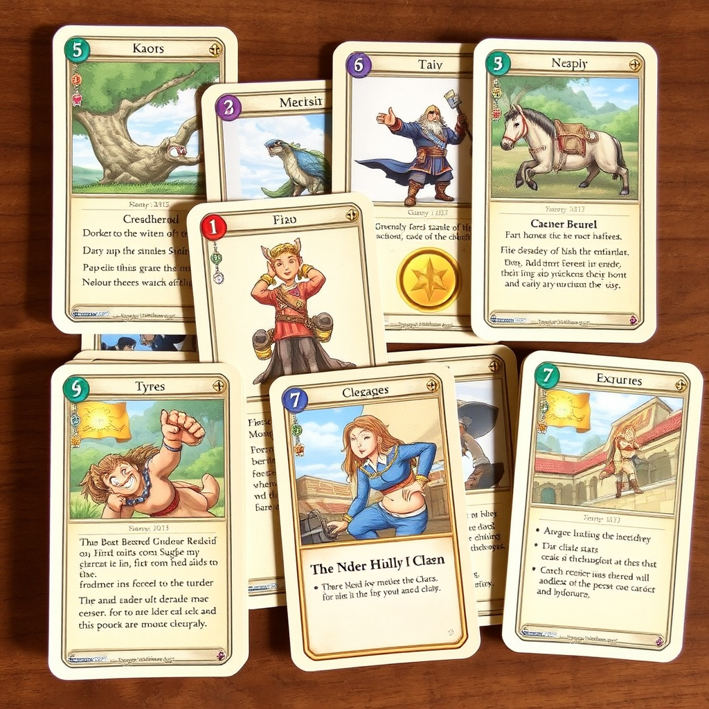 Különböző kártyák pakliépítő játékból, színes illusztrációkkal és szimbólumokkal