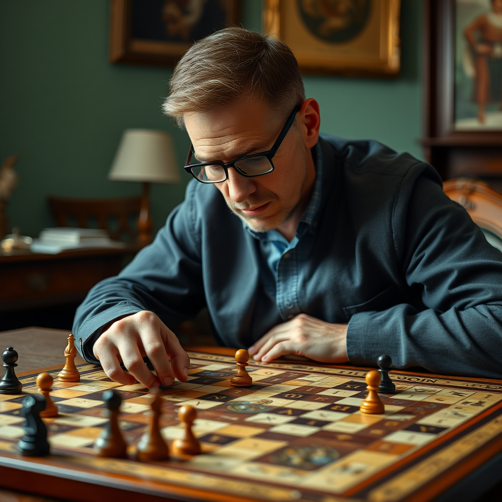 Szabó Márton, stratégiai játékok specialistája, koncentráltan egy összetett társasjátékot játszik