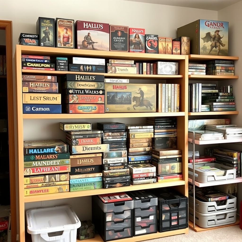 Rendezett társasjáték gyűjtemény polcokon, szervezett tárolási megoldásokkal és komponens szervezési rendszerrel