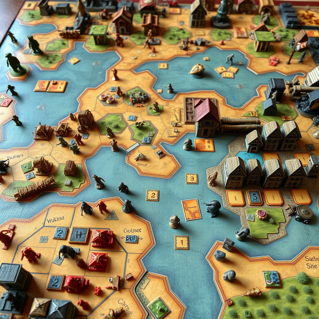Komplex stratégiai játékok részletes játéktáblákkal és számos játékkomponenssel