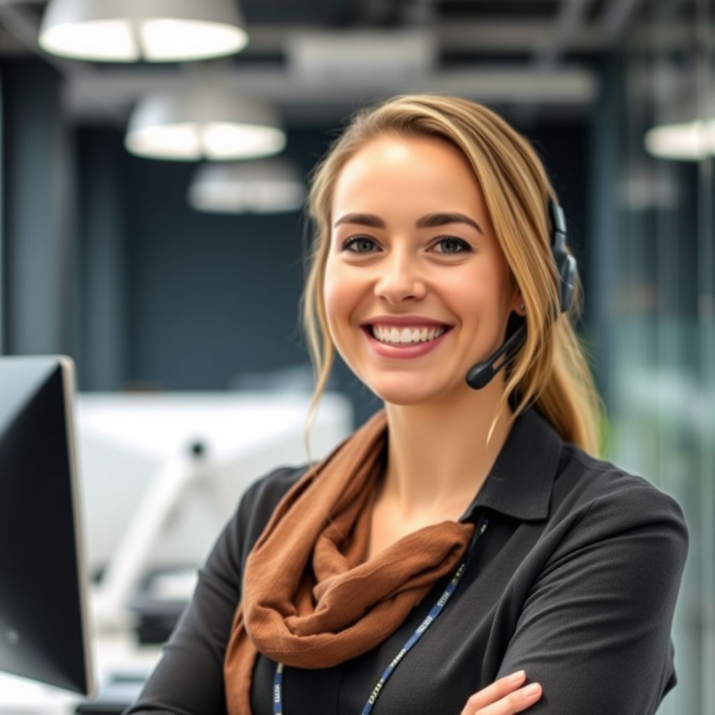 Tóth Eszter, ügyfélszolgálati vezető, segítőkészen mosolyog egy modern irodai környezetben