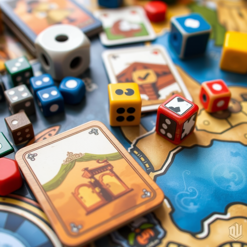 Különböző játékmechanikákat bemutató társasjáték komponensek, kockák, kártyák és játéktábla elemek