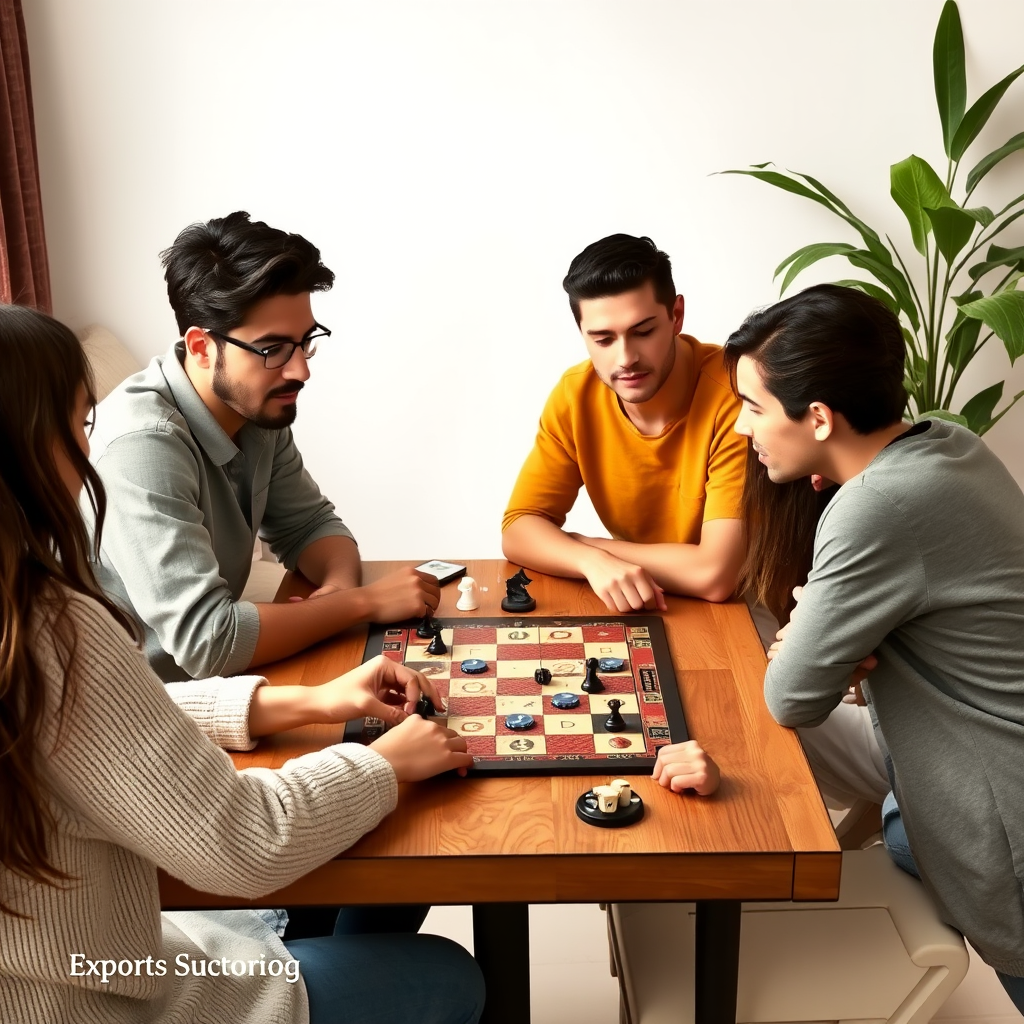 Barátok egy asztal körül ülve stratégiai társasjátékot játszanak, koncentráltan tervezve következő lépéseiket