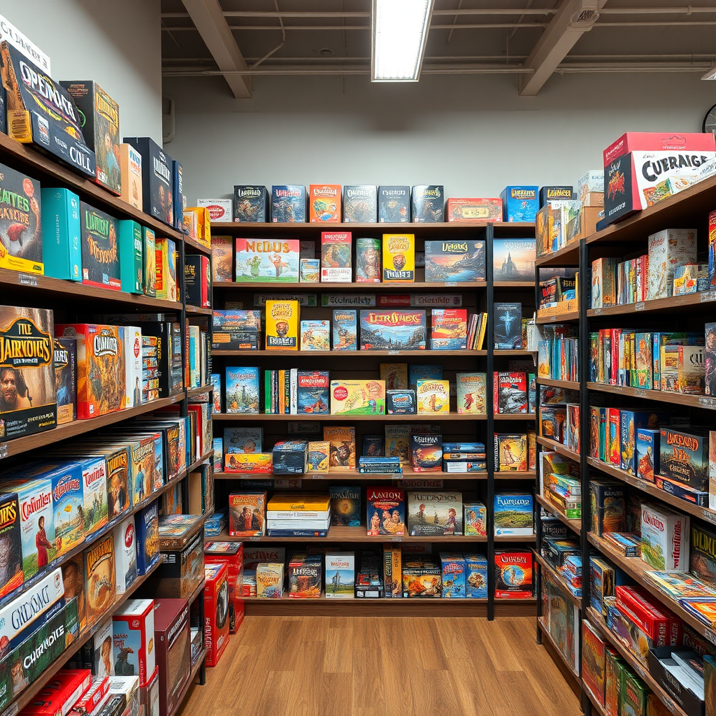 Jól szervezett társasjáték-polcok különféle family games és table games címekkel, professzionális bolt környezetben