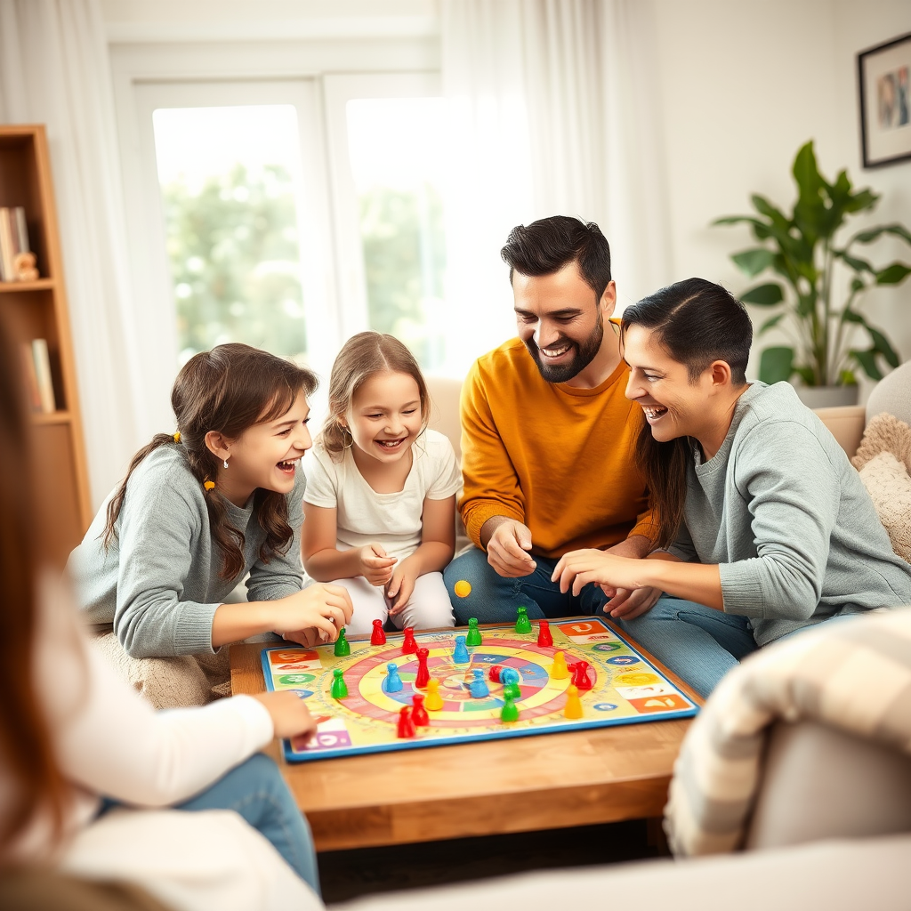 Boldog család játszik együtt egy színes társasjátékkal az otthonuk nappalijában, nevetnek és jól érzik magukat